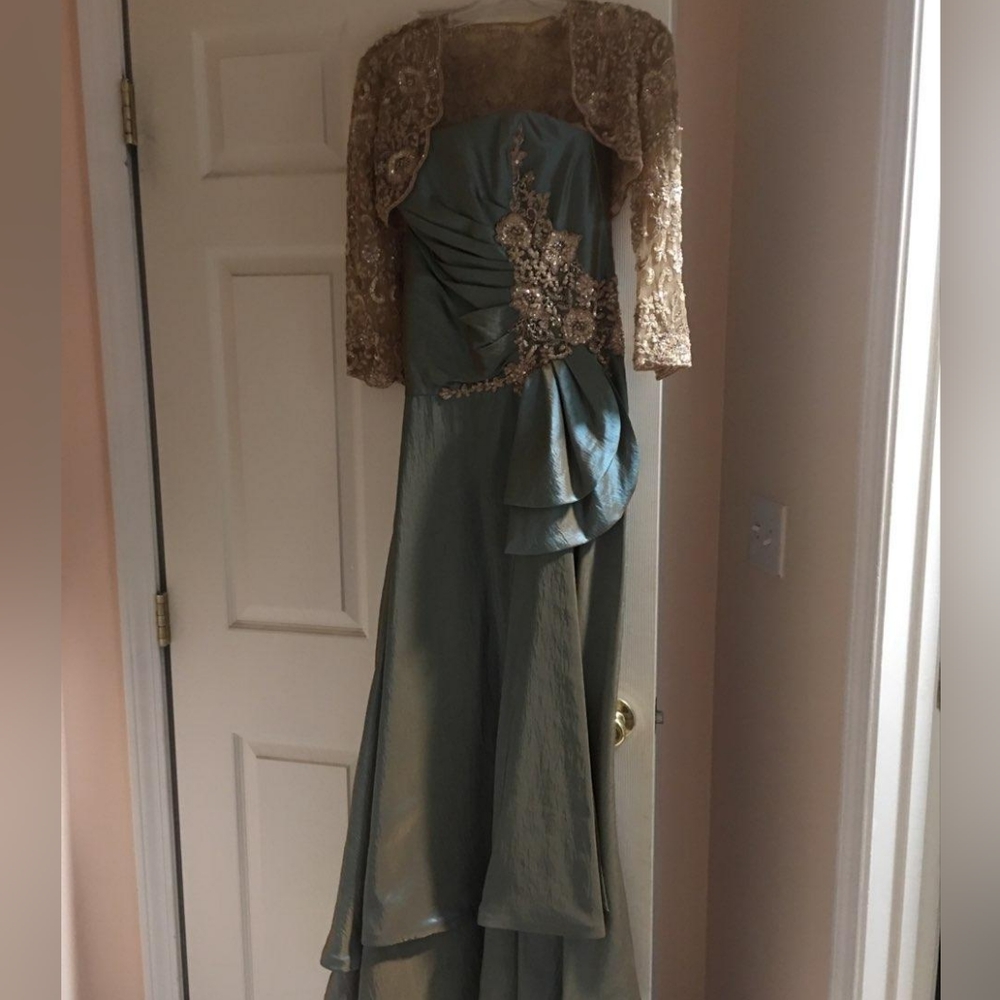 MONTAGE by Mon Cheri Satin Strapless Beaded Evening Gown sz 2 & matching jacket - Picture 1 of 6